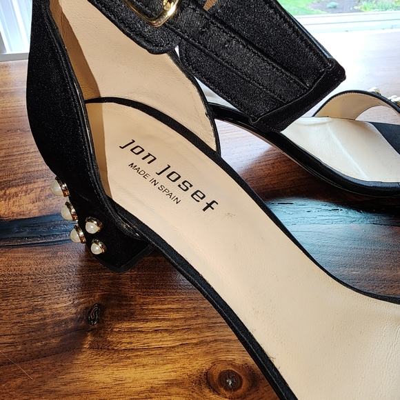 Jon Josef black satin ankle wrap pearl embellished sandals size 10 - Picture 8 of 8